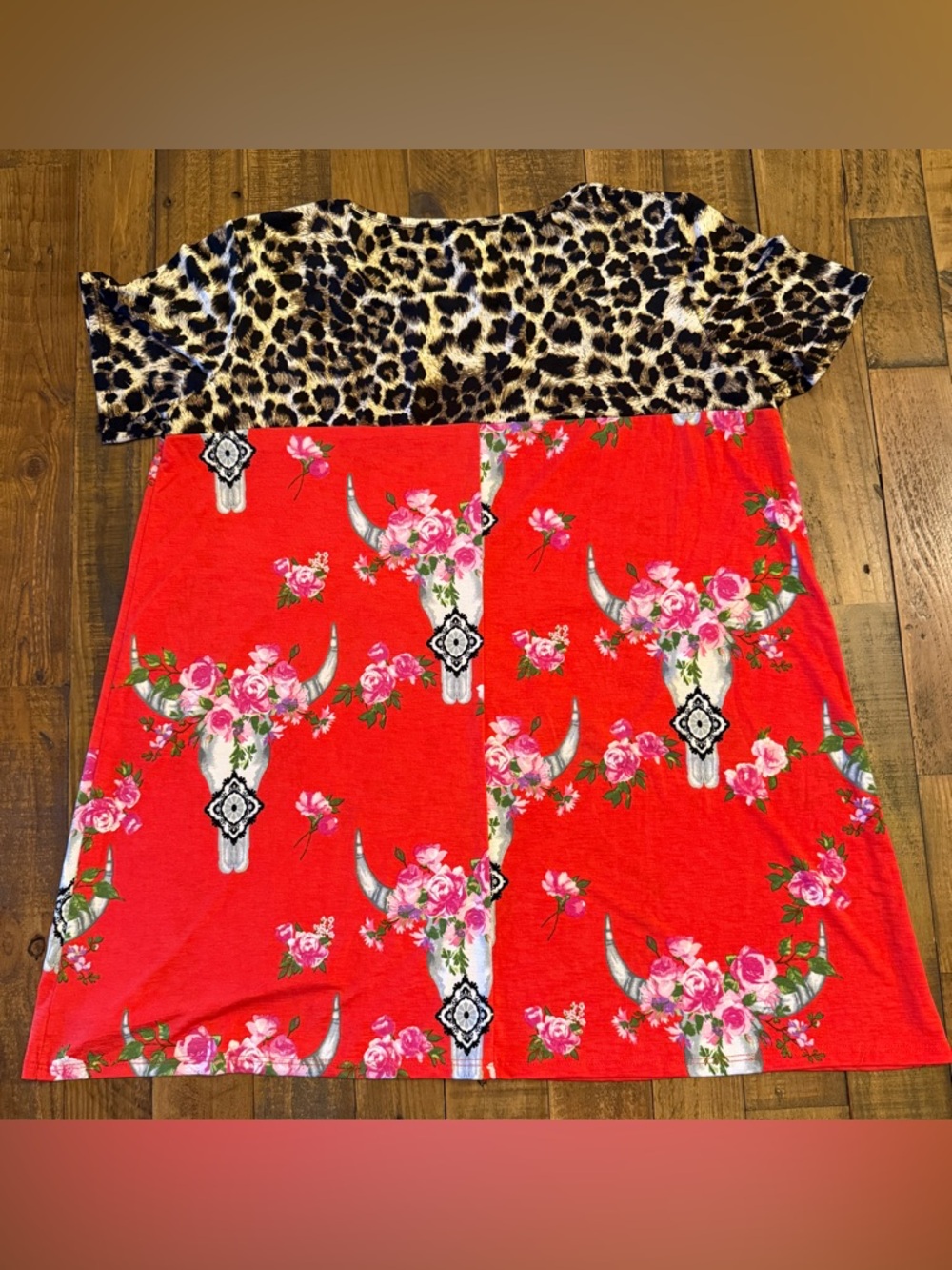 Lilypad Red Floral Bull Skull A-Line Shirt with Leopard Yoke 2XL - Picture 2 of 6